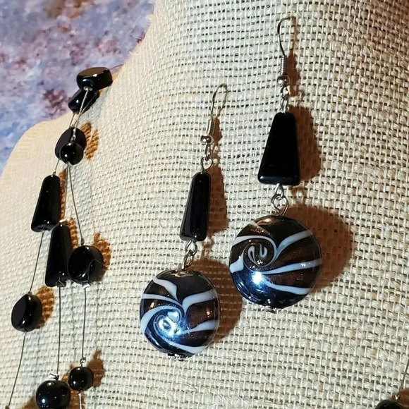 Art Deco Black Jet AB Czech Glass Baubles Multi Strand Necklace Earrings Set - Picture 4 of 8